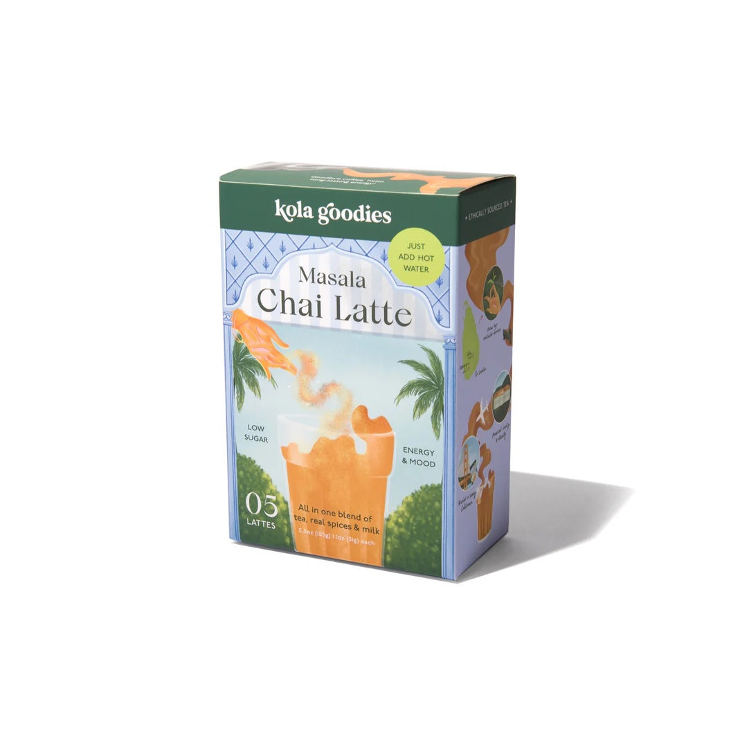 A box of Masala Chai Latte with five individual packets, featuring an illustration of a cup of latte and masala spices.