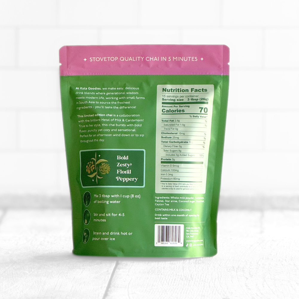 back of cardamom fennel chai package