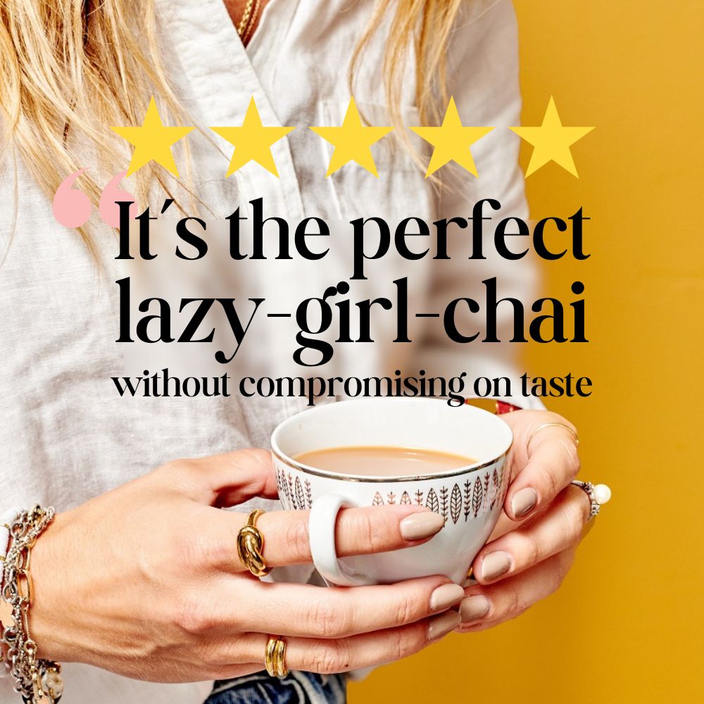 woman holding cup of tea with text "it's the perfect lazy girl chai"