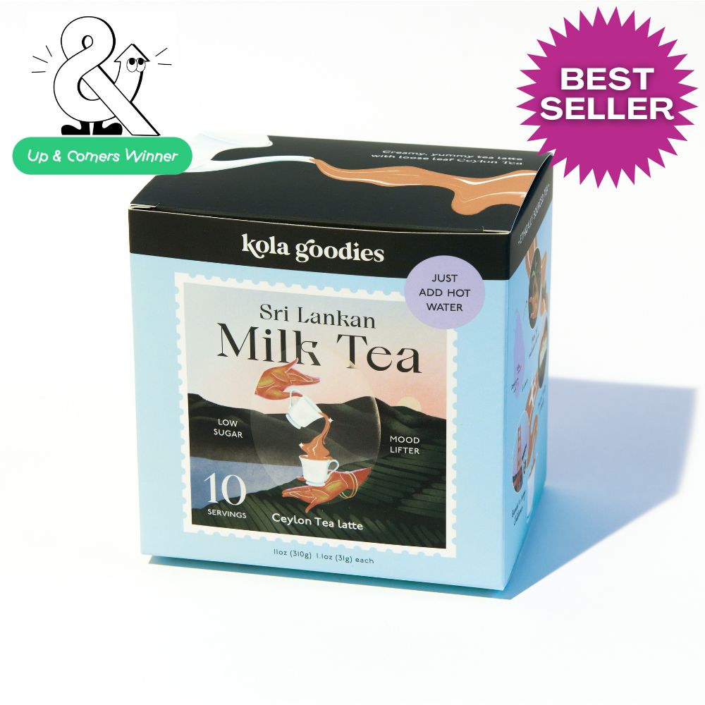 A box of Sri Lankan Milk Tea latte mix by Kola Goodies, with a graphic of a cup of tea and text indicating 10 sachets included. The box has won a 'Best Seller' award.