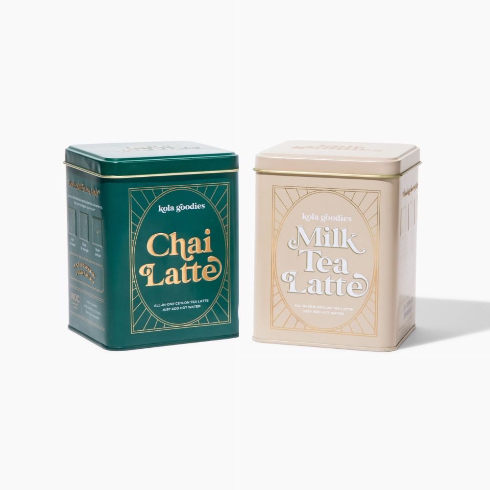 chai latte and milk tea latte tins
