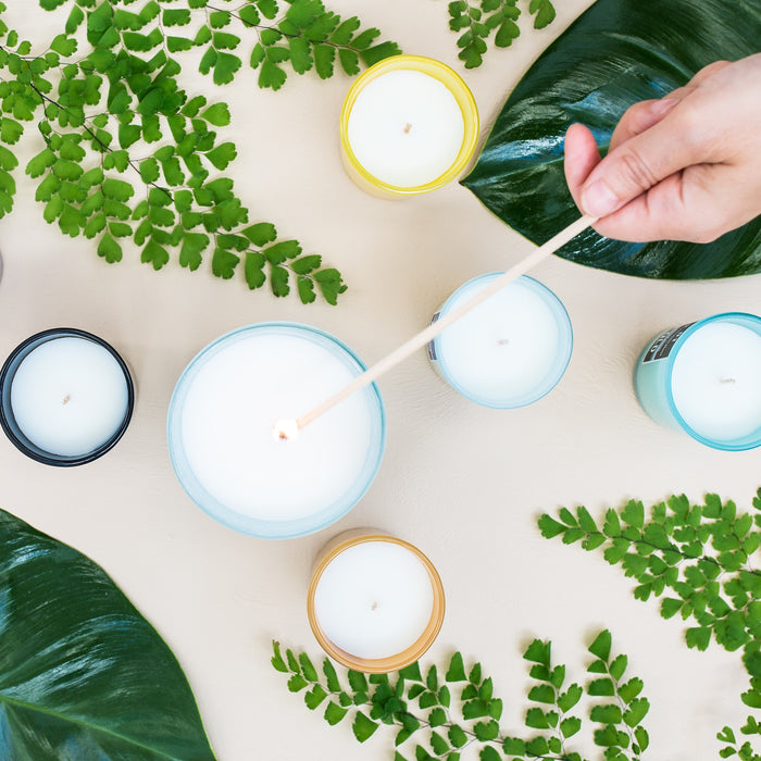 Candles of various sizes with leaves around it 