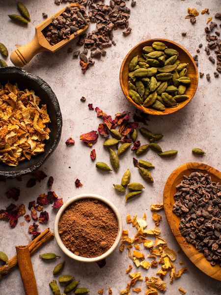 All the spices used in masala chai: ginger, black pepper, cardamom, cinnamon, and more!