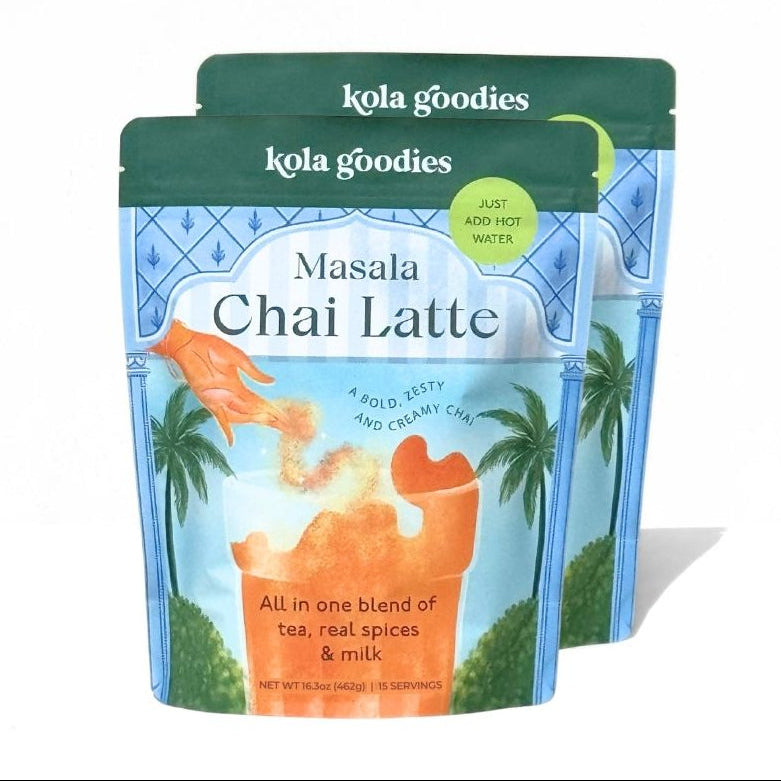 Two packages of kola goodies Masala Chai Latte on a white background