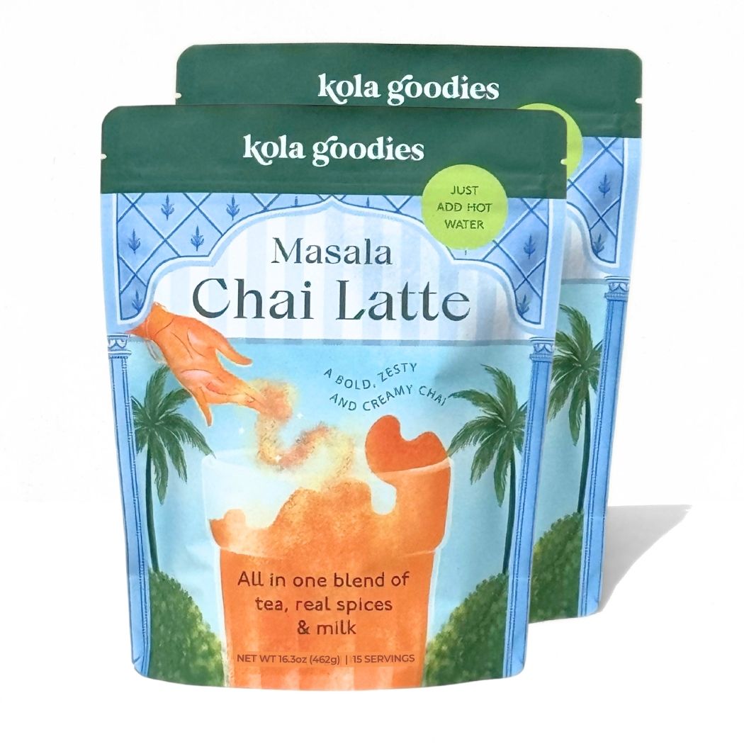 two kola goodies masala chai latte 15-size pouches in front of another