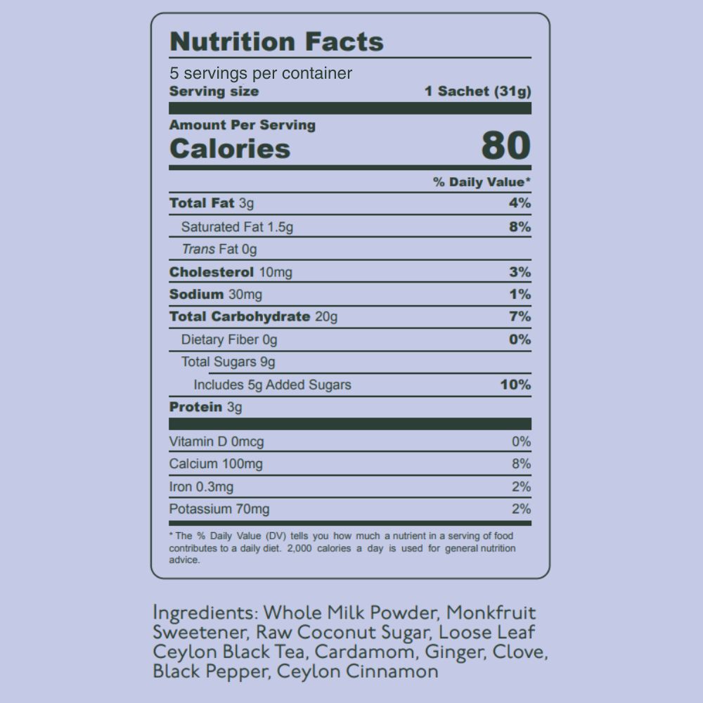 chai 5 servings nutrition facts panel